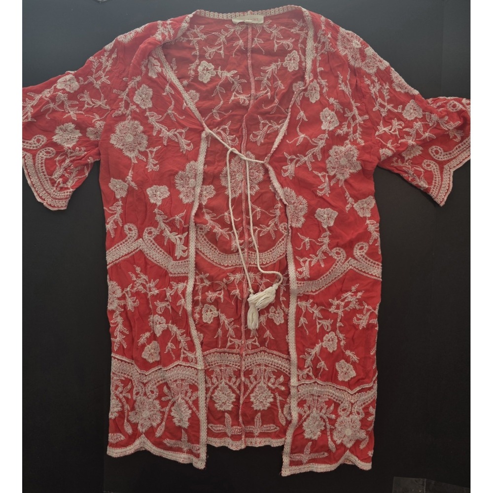 Coral Red Embroidered Cover Up Sz L Tassel Tie Kimono Short Sleeve Boho Cutie